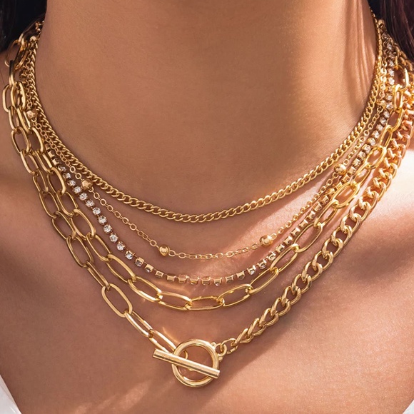 Gold 5pcs Layered Rhinestone Chain Collarbone‎ Necklaces Set - Picture 2 of 4